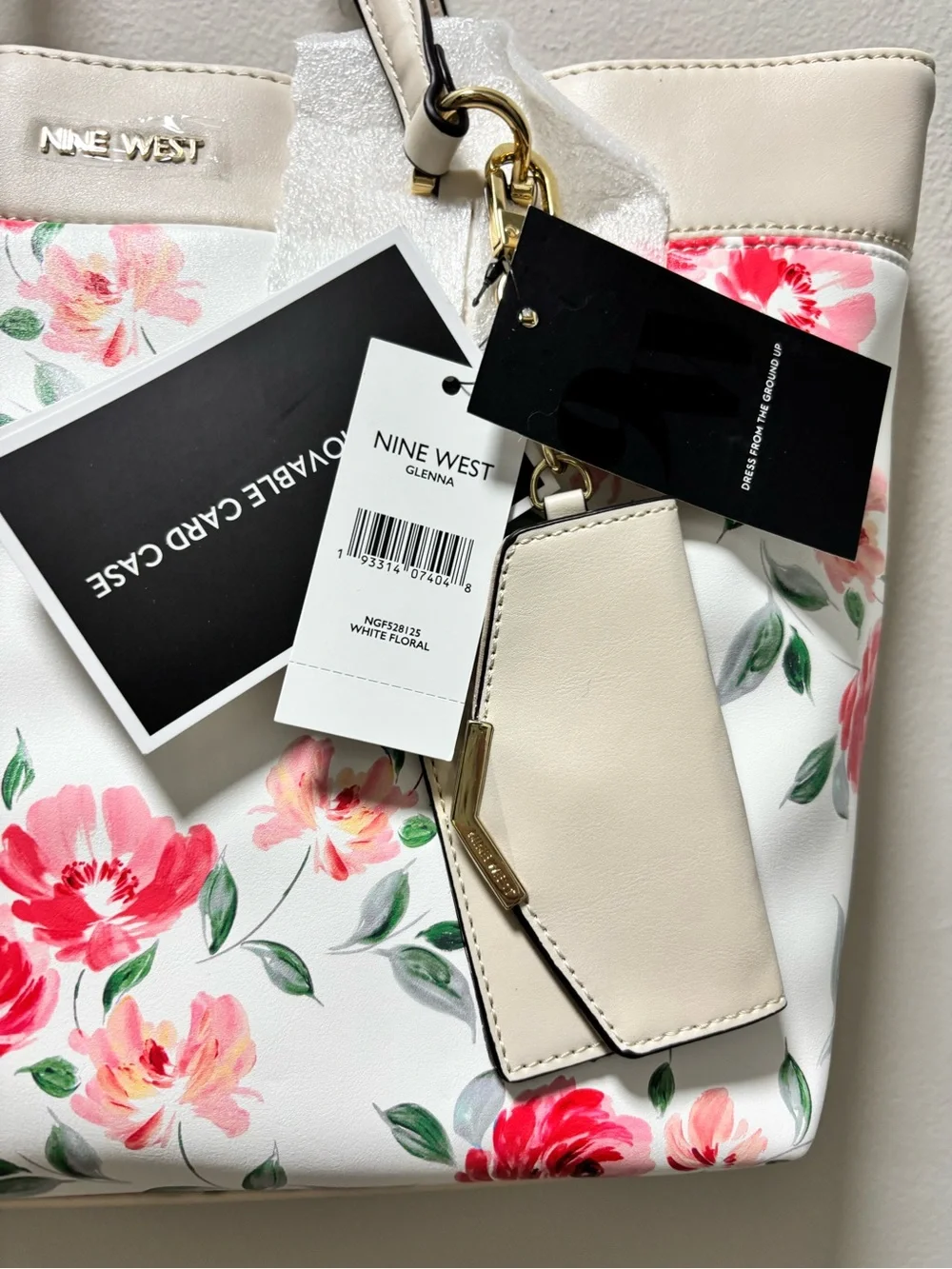 Nine West White Floral Tote Purse Bag Pink Roses Attached Keyring Card Holder
